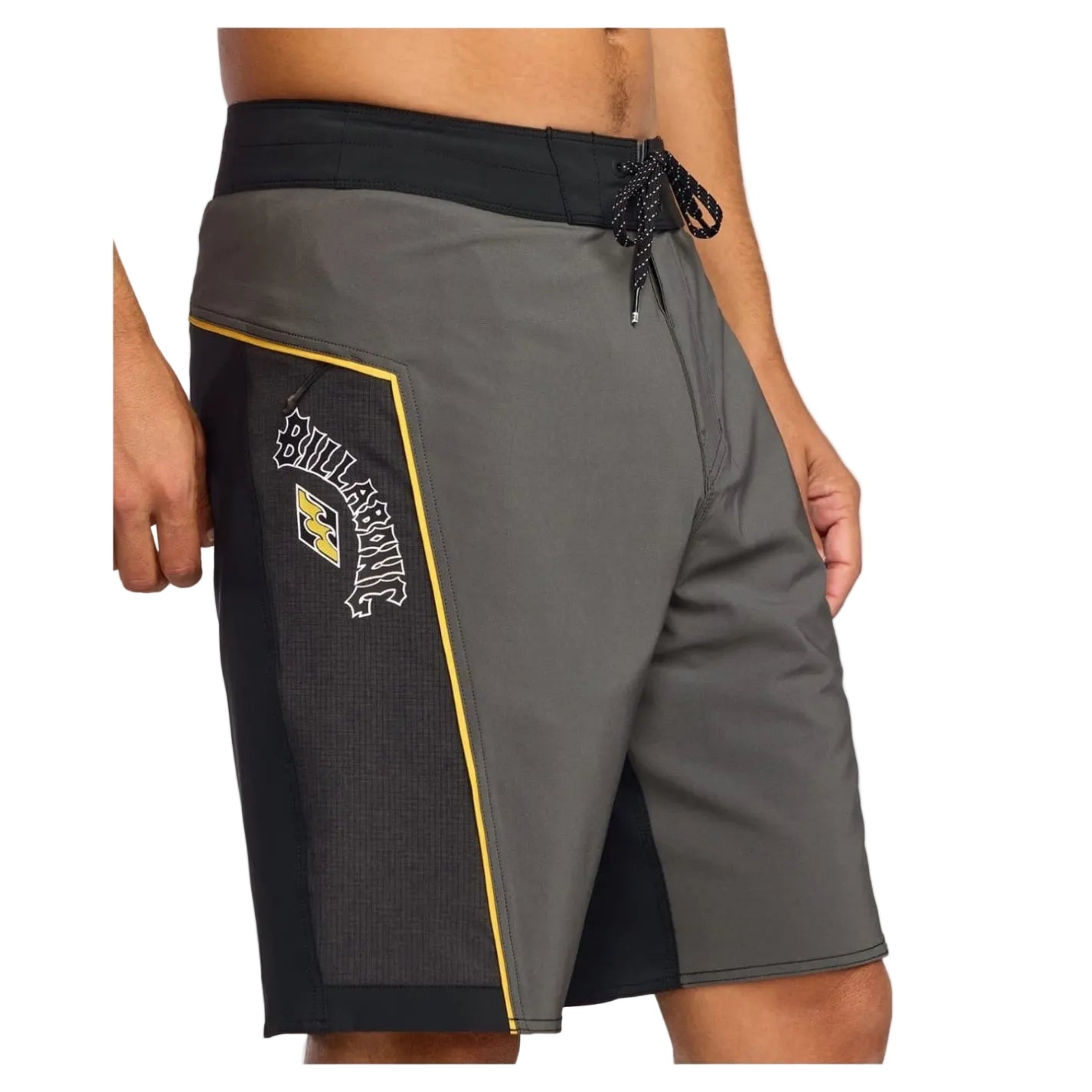 Gray athletic shorts with black waistband and yellow accents on a white background