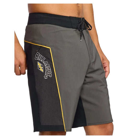 Gray athletic shorts with black waistband and yellow accents on a white background