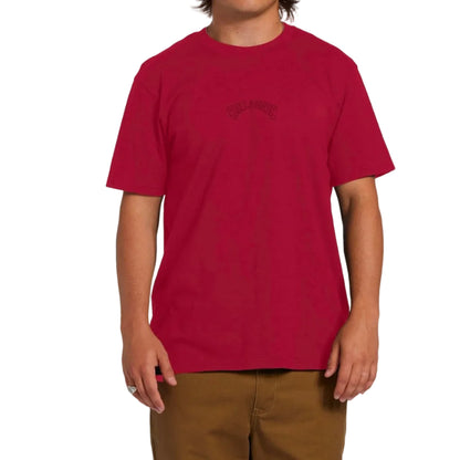 Person wearing a red t-shirt with text on a white background