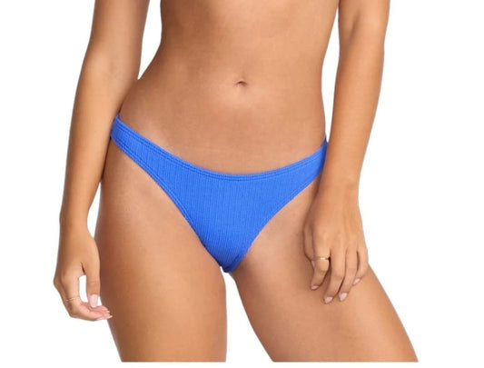 Blue bikini bottom worn by a person on a white background