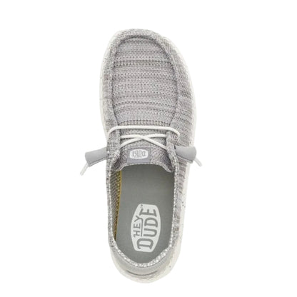 Gray knit shoe with white laces on a white background