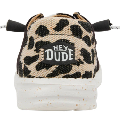 Leopard print sneaker with 'Hey Dude' label on a white background