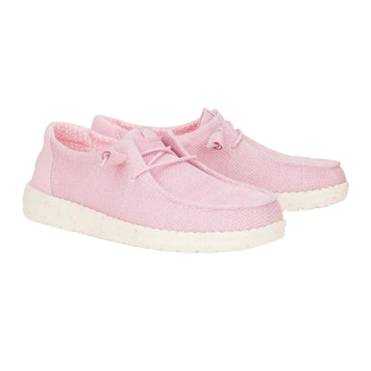 Pair of pink sneakers with white soles on a white background