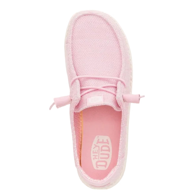 Pink sneaker with 'Hey Dude' branding on a white background