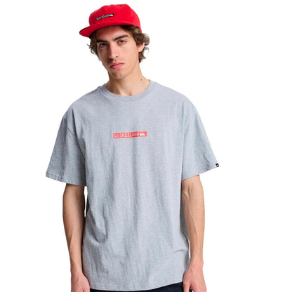 Person wearing a gray t-shirt with a red logo and a red cap on a white background