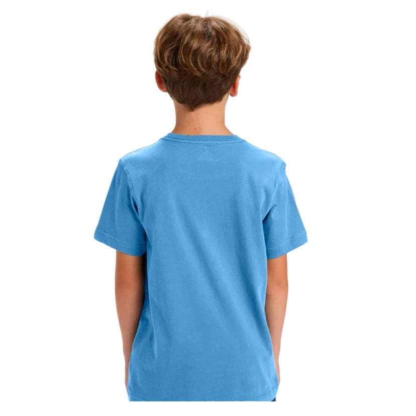 Person wearing a blue t-shirt on a white background