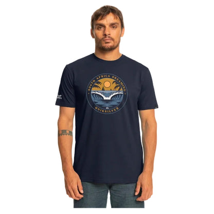 Man wearing a navy blue t-shirt with a graphic design on a white background