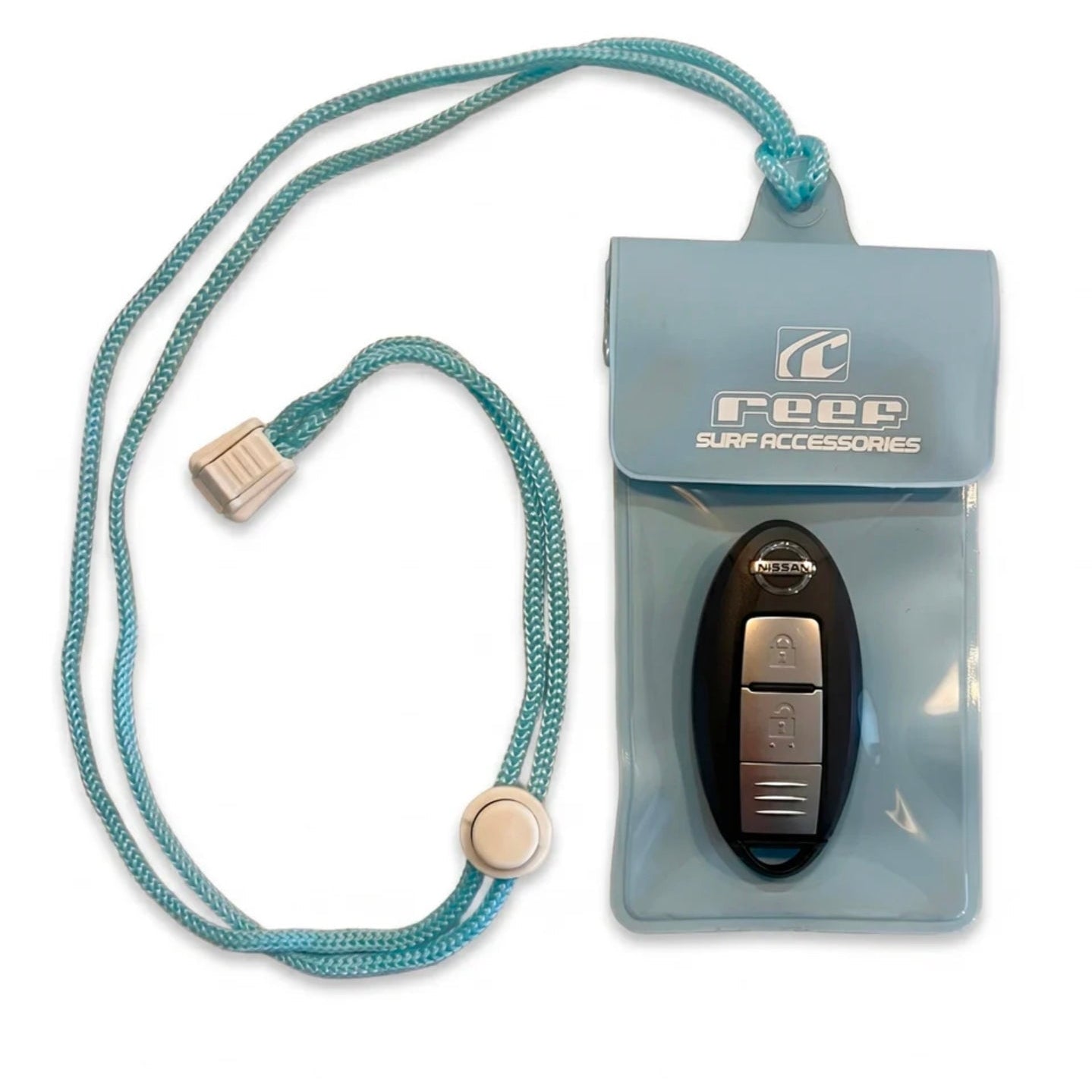 Keychain with lanyard and car key holder in a clear pouch, branded 'Reef Surf Accessories'.