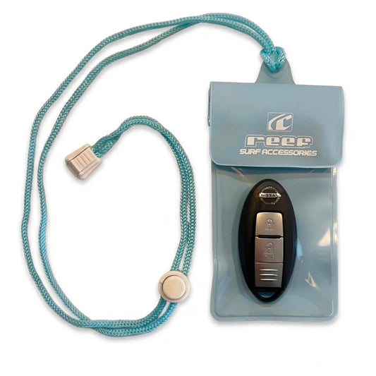 Keychain with lanyard and car key holder in a clear pouch, branded 'Reef Surf Accessories'.