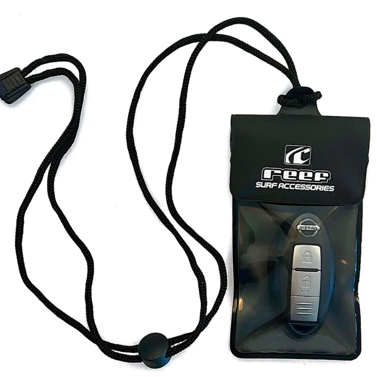 Black waterproof case with car key fob on a white background