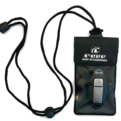 Black waterproof case with car key fob on a white background