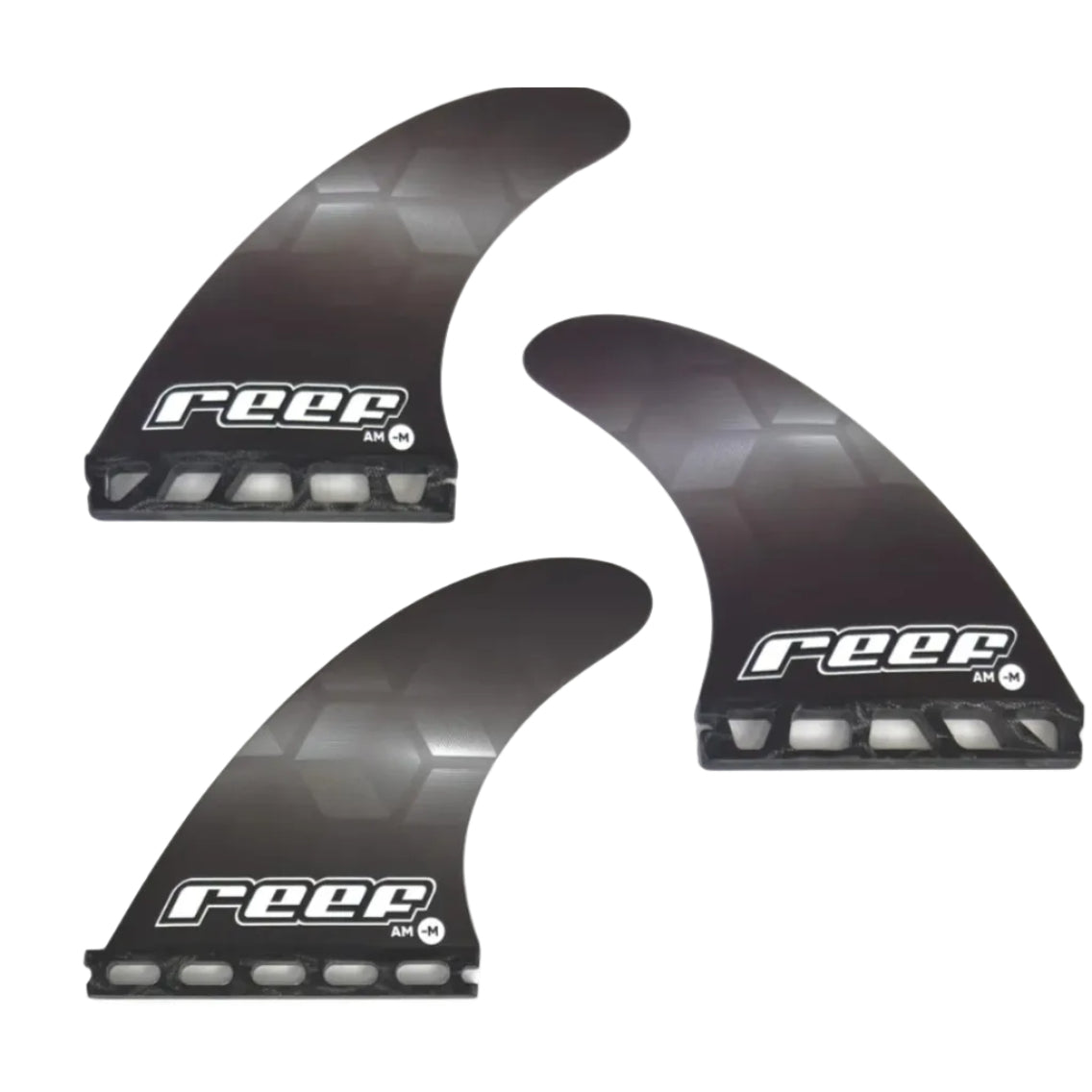 Three black surfboard fins with 'Reef' branding on a white background