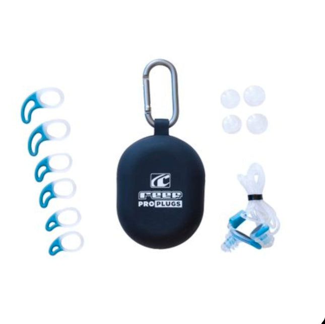Set of earplug packaging with carabiner and earplugs on a white background