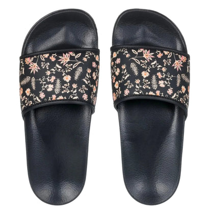 Black slides with floral straps on a white background