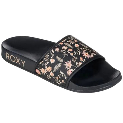 Black slide sandal with floral pattern and 'Roxy' branding on a white background