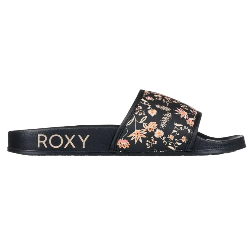 Black slide sandal with floral design and 'ROXY' branding on a white background