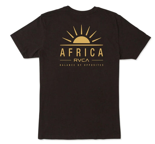 Black t-shirt with gold 'Africa RVCA' logo on a white background