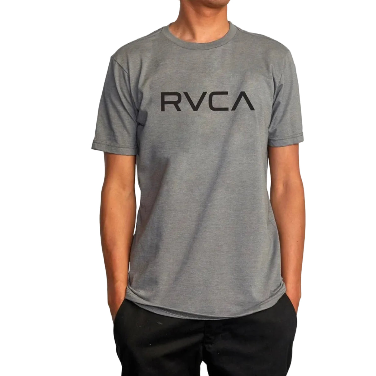 Person wearing a gray RVCA t-shirt on a white background