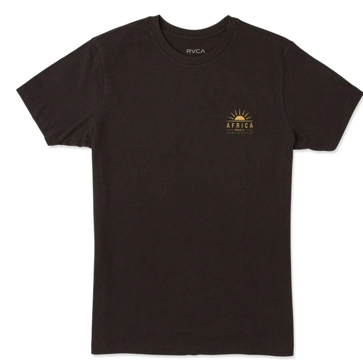 Black t-shirt with RVCA and Africa logo on a white background