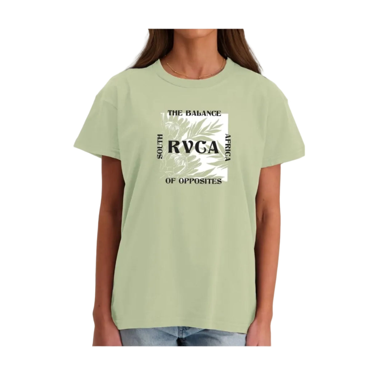 Person wearing a light green t-shirt with text and design on a white background
