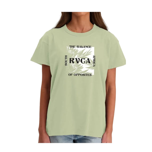 Person wearing a light green t-shirt with text and design on a white background