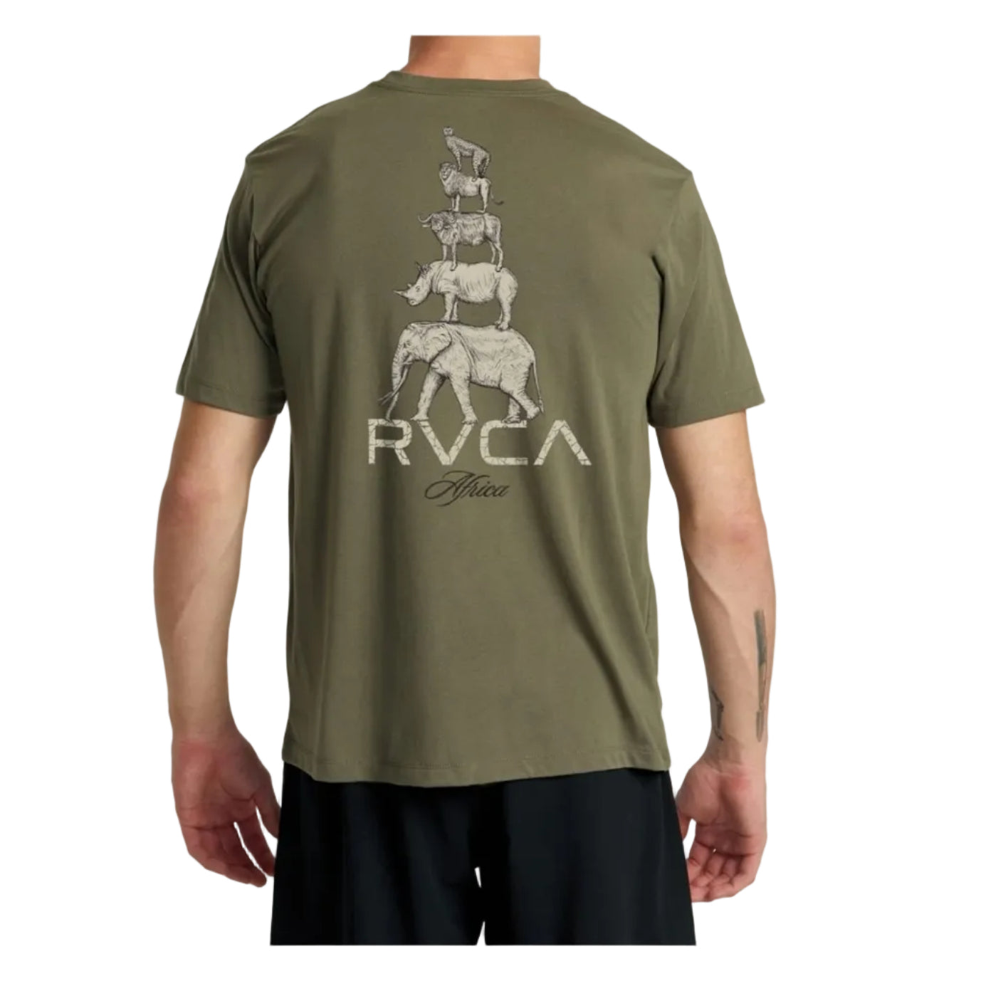 Green t-shirt with elephant graphic and 'RVCA' branding on a white background