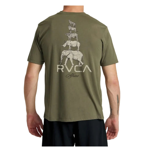 Green t-shirt with elephant graphic and 'RVCA' branding on a white background