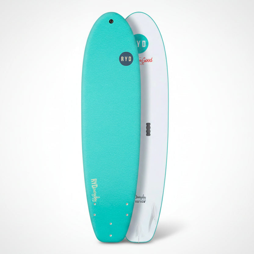 Turquoise and white surfboard with branding on a white background