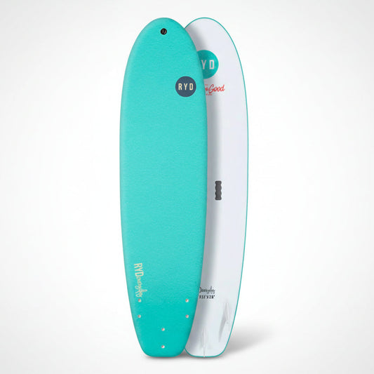 Turquoise and white surfboard with branding on a white background