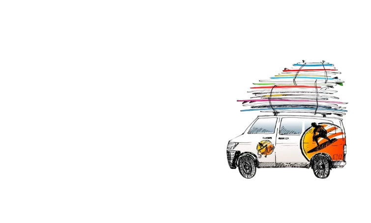 Illustration of a van with surfboards on a white background